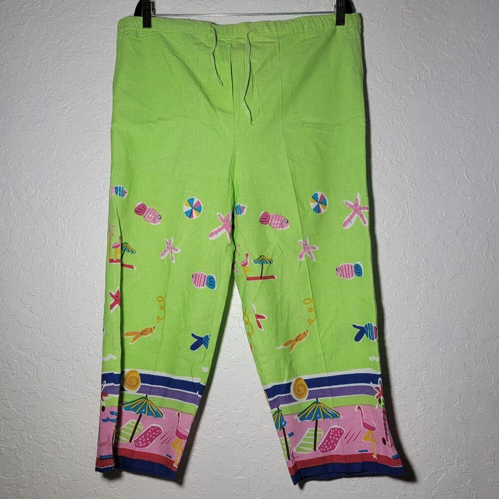 Tip Top Vintage Cotton Bright Green Novelty Beach Capri Pants Size L Art Teacher